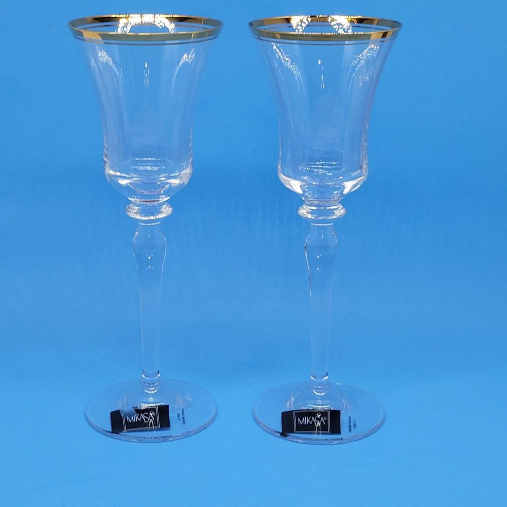 Mikasa "JAMESTOWN" Gold Set Of 2 Gold Rim 8 3/4" Crystal Wine Glasses VGC